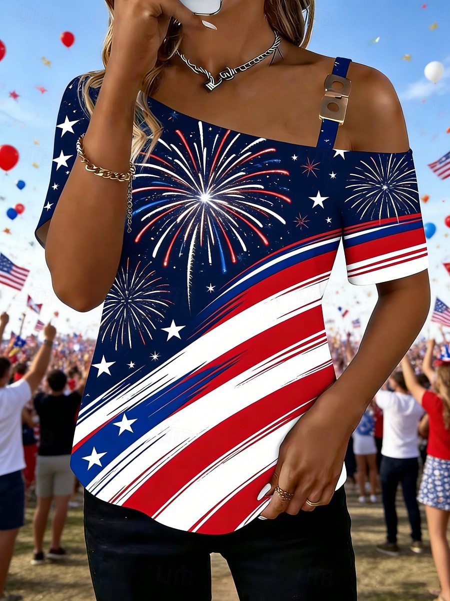 American Independence Day Women's T Shirt Tee Top Print Graphic American Flag Fashion Classic Casual Short Sleeve One Shoulder Regular Tops Daily Going out Weekend Blue Summer Spring 2026 - $23.99 –P1