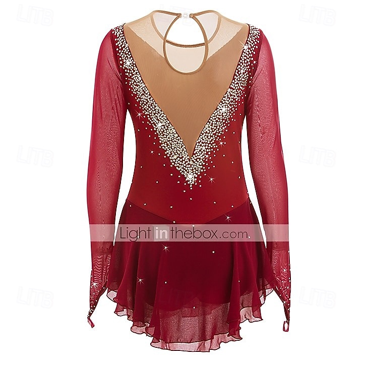 Red Rhinestone Figure Skating Dress for Women & Girls – Long Sleeve Mesh Competition Costume with V Open Back and Flowy Asymmetrical Skirt 2026 - $131.99 –P3