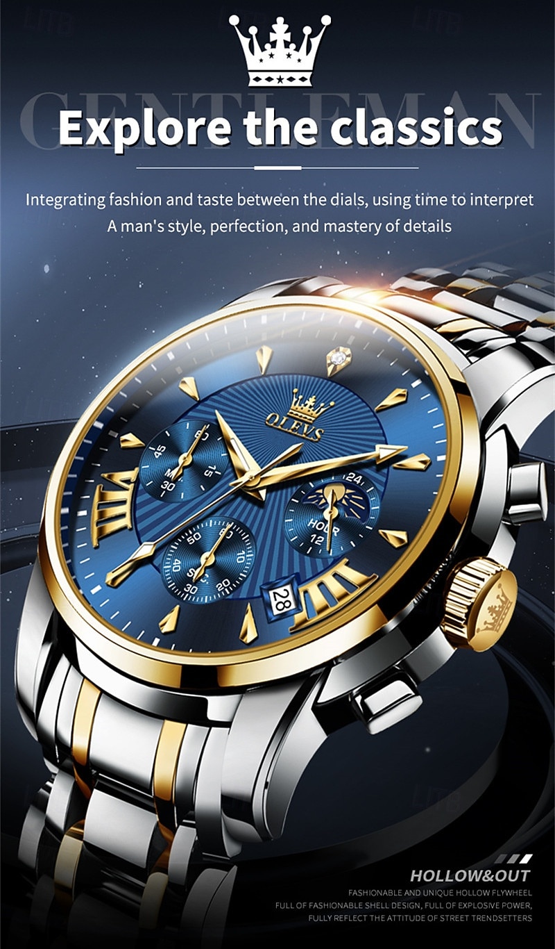 Nuovo orologio da uomo business del marchio olevs con calendario luminoso, fasi lunari, cronometro, orologio al quarzo multifunzionale e alla moda, orologio da polso da uomo casual, resistente del 2026 a $39.99 –P1