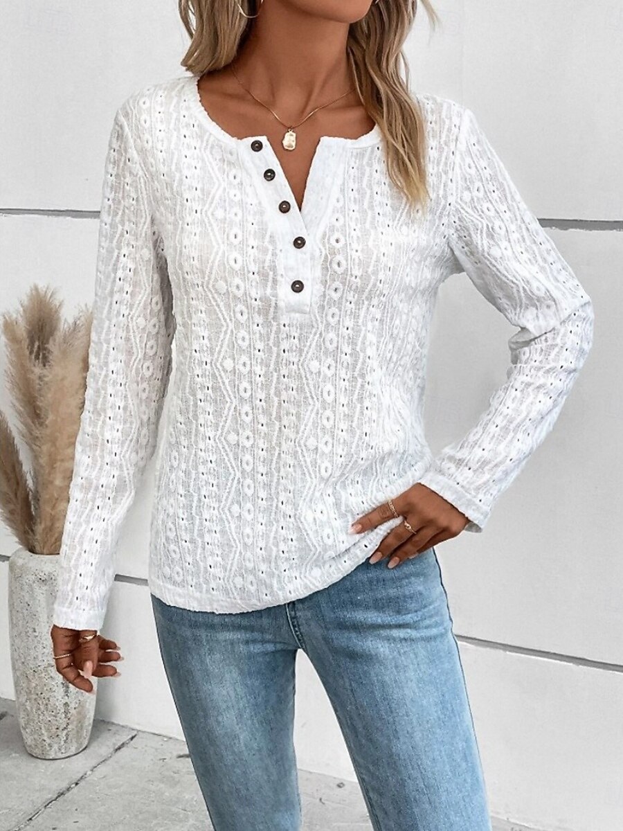 Damskie Top z koronką Bluzka Koronka Guziki Jednokolorowe Elegancki Codzienny Długi rękaw Półgolf Zwykłe topy Codzienny Czarny Biały Fioletowy Brązowy Morelowy Wiosna Jesień 2026 - $25.99 –P5