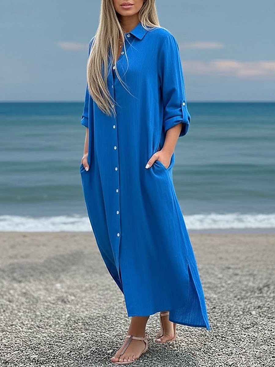 שמלת מקסי לנשים מכותנה ופשתן שמלת שינוי קזואלית יומית רחבה פשוטה עם שרוולים ארוכים צווארון כחול שחור לבן ירוק בהיר קיץ אביב סתיו 2026 - $41.99 –P6