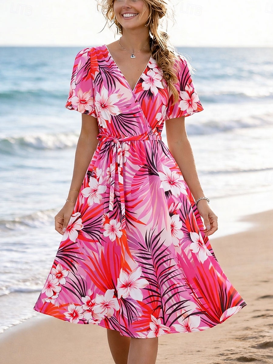 Γυναικεία Φόρεμα μέχρι το γόνατο Φόρεμα σε γραμμή Α Κομψό Διακοπές Καθημερινό Ημερομηνία Κανονικό Γραφική Φύλλο Κοντομάνικο Λαιμόκοψη V Θαλασσί Ανθισμένο Ροζ Πράσινο του τριφυλλιού 2026 - $29.99 –P2