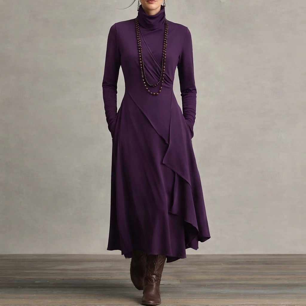 Damen Maxikleid Etui-Kleid Wickelkleid T-Shirt-Kleid A Linie Kleid Urlaub Party Lässig Täglich Büro Strand Normale Passform Einfach Langarm Rollkragen Schwarz Königliches Blau Purpur Grün Frühling 2026 - $32.99 –P4
