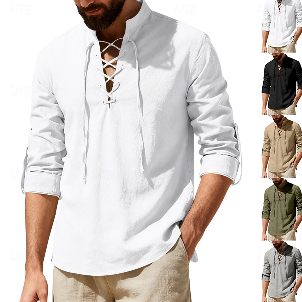 Муж. Рубашка Льняная рубашка Стиль Викингов Летняя рубашка Одежда для пляжа Рубашка с воротником-стойкой Сплошной цвет Повседневные Отпуск Черный Белый Зеленый Цвет хаки Длинный рукав 2026 - $12.49 –P5