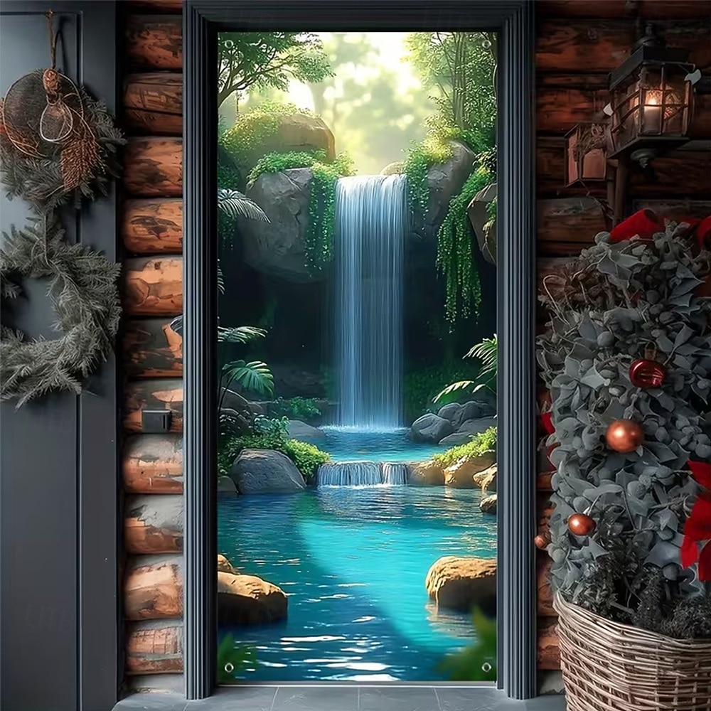 Tenda da ingresso con vista realistica della natura, da appendere alla parete per l'ingresso del portico, con banner per porta da giardino giapponese in 3D, scena con cascata e laghetto koi. del 2026 a $17.99 –P12