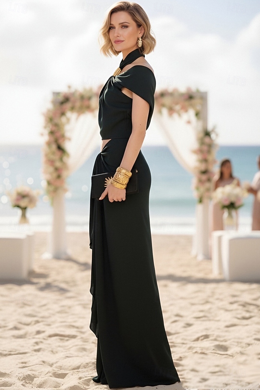 Two Piece Sheath Column Floor Length Wedding Guest Dress Wedding Guest Dresses Elegant Daily Cap Sleeve Halter Neck Garden Party Wedding with Ruched 2026 - $126.99 –P2