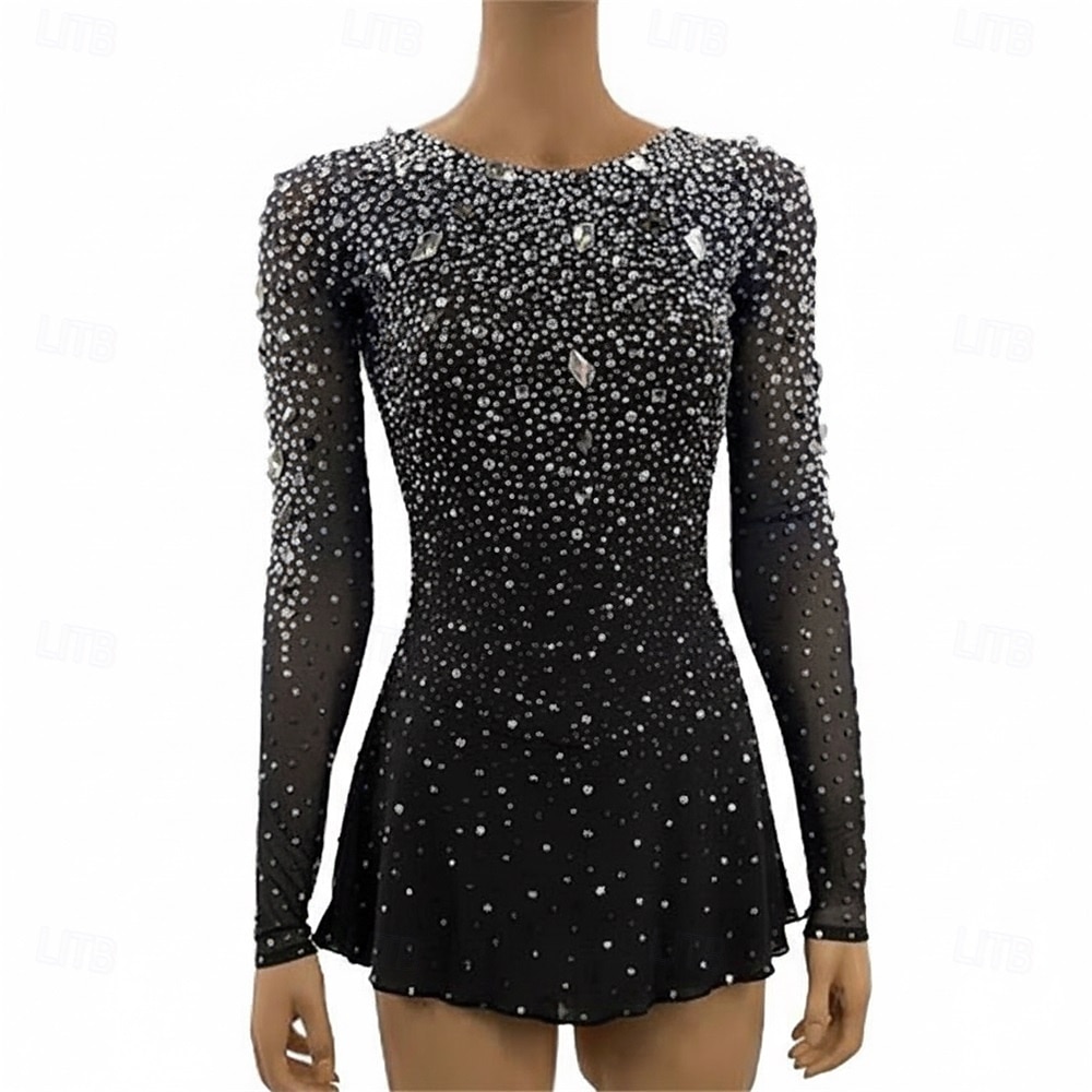 Rochie de Patinaj Artistic Pentru femei Πατινάζ στο πάγο Rochii Negru Peteci Deschide Înapoi Strech Antrenament Competiție Ținută Patinaj Clasic Cristale / Strasuri Manșon Lung Patinaj pe Ghea 2026 - $339.49 –P1