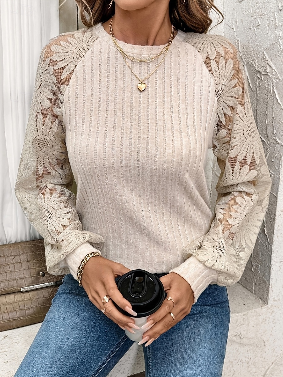 Women's Shirt Blouse Lace Tops Long Sleeve Tops Lace Patchwork Plain Stylish Basic Classic Long Sleeve Crew Neck Regular Tops Daily Holiday Going out Apricot Summer Spring 2026 - $21.99 –P2