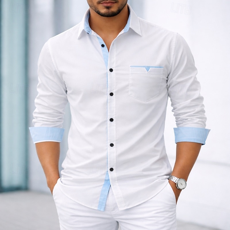 Per uomo Camicia Camicia elegante Camicia con Bottoni Tinta unica Quotidiano Affari Blu chiaro Nero Bianco Rosa Manica Lunga Collo ripiegato Tutte le stagioni Abbigliamento Patchwork del 2026 a $27.99 –P4