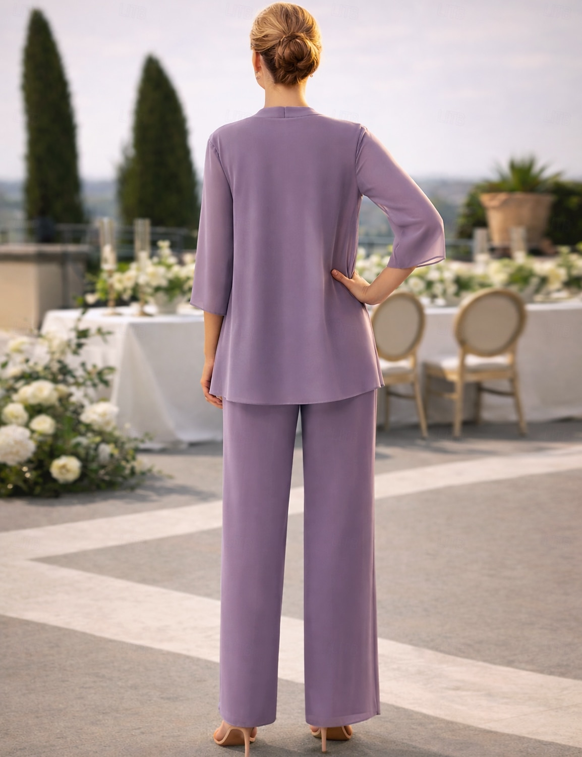 Conjunto de pantalón vestido largo madre de la novia Manga larga Escote joya Elegante Simple invitada de boda con color sólido 2026 - $160.99 –P2