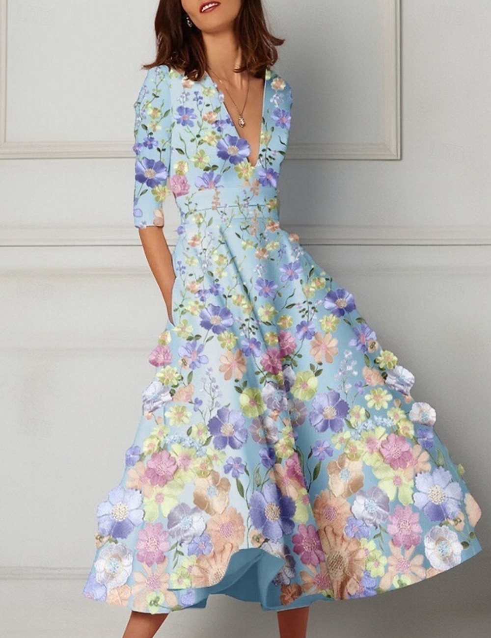 A-Line Ankle Length Cocktail Dresses Party Dresses Elegant Vintage Floral Half Sleeve V Neck Wedding Formal Pink Dress Satin with Embroidery Pocket 2026 - $195.99 –P4