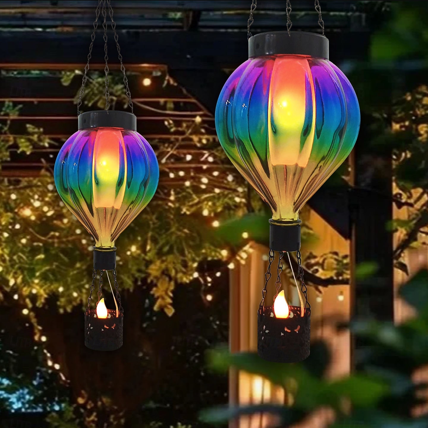 1 linterna de globo aerostático de metal de vidrio colorido impermeable y solar para exteriores, luz de llama simulada LED, decoración de árboles de granja y jardín, iluminación de paisaje, luz 2026 - $30.99 –P1