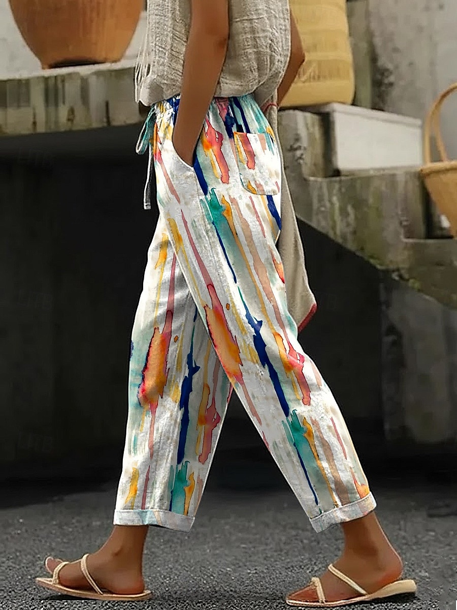 Mulheres Calças Calça casual Calça verão Férias Básico Casual Comprimento total Natural Listrado Geométrico Bolsos Estampado Design de cordão elástico Confortável Respirável Sem Elasticidade Diário de 2026 por $49.99 –P1