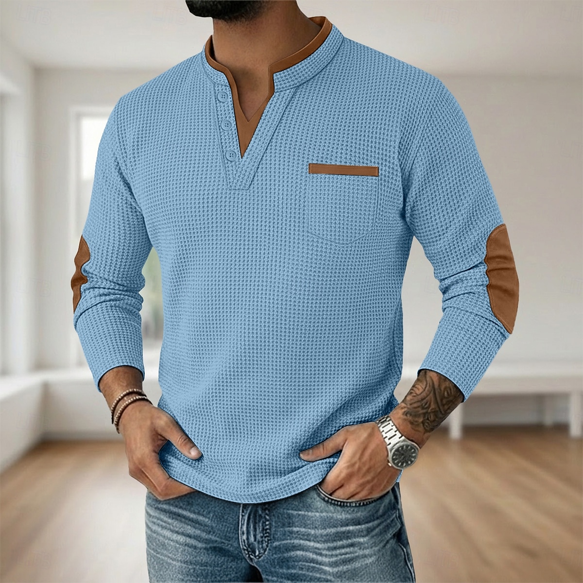Miesten Vohveli tee Vohveli Henley-paita Pitkähihainen V kaula-aukko Henley Syksy 봄 & Syksy Yhtenäinen väri Muoti Perus Vapaa-aika väärennetty kaksiosainen Kausaliteetti Katu Urheilu Vaalean sininen 2026 - $25.99 –P9
