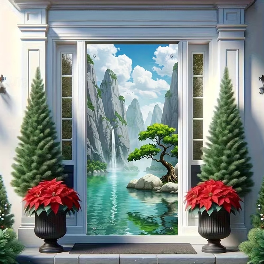 Tenda da ingresso con vista realistica della natura, da appendere alla parete per l'ingresso del portico, con banner per porta da giardino giapponese in 3D, scena con cascata e laghetto koi. del 2026 a $17.99 –P15
