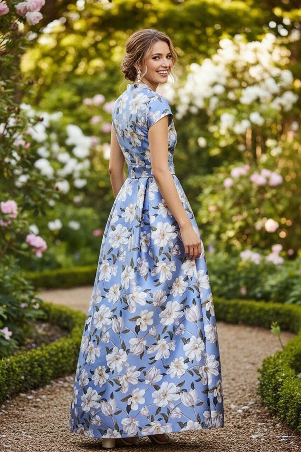 A-Linie Bodenlang Hemdblusenkleid Kleid für Hochzeitsgäste Abendkleid Brautmutterkleid Kappenärmel Hoher Ausschnitt Elegant Minimalistisch Formell Hochzeitsgast Satin mit Geteilter Vorderteil Druck 2026 - $186.99 –P2