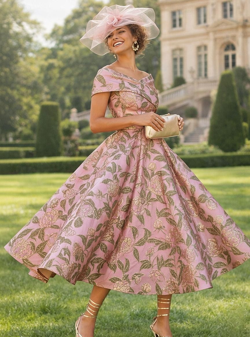 A-linje Gulvlengde Te-lengde Formell kjole Floral kjole Cocktailkjoler Elegant Årgang Blomster Kortermet Løse skuldre Hage fest Bryllup Lomme Jacquard Cowlhals med Blomstertrykk Lomme 2026 - $174.99 –P1