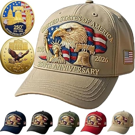 Klobouk k 250. výročí Spojených států s 2 kusy pamětních mincí digitálně potisknutý klobouk Hlava orla a svoboda 250. výročí americké oslavy 4. července vlastenecký dárek semikvincenální 2026 - $31.99 –P9