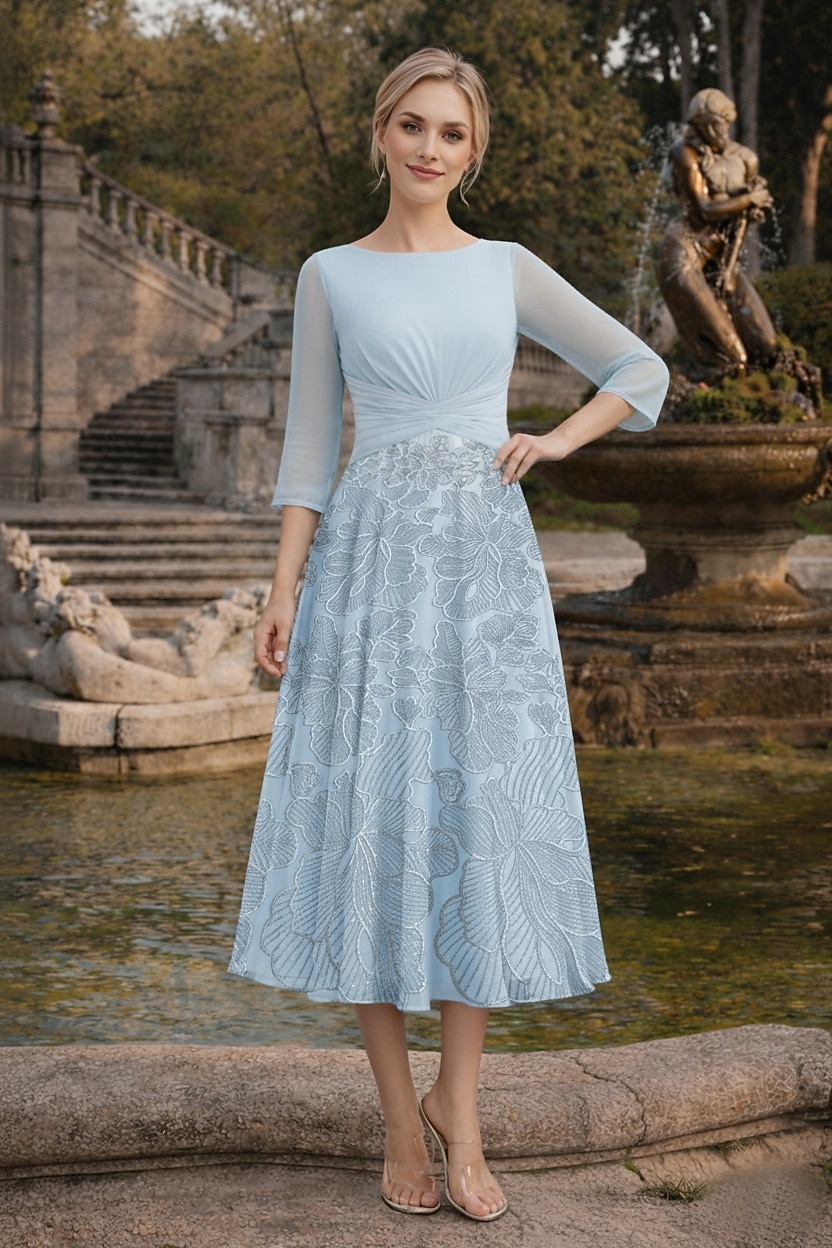 A-Line Dress Tea Length Wedding Guest Dress Mother of the Bride Dress 3/4 Length Sleeve Boat Neck Elegant Vintage Formal Wedding Guest Kentucky Derby Chiffon with Ruched Sequin Appliques 2026 - $171.99 –P2