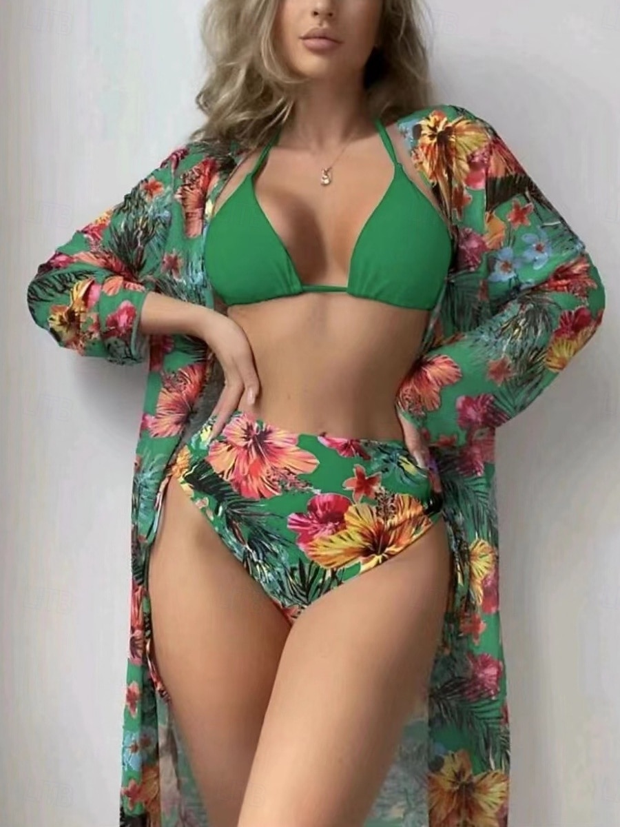 Damskie Stroje kąpielowe Bikini Trzyczęściowy Majtki Kostium kąpielowy Szczupła Odkryte plecy Urlop Stroje plażowe Kwiaty Kantarka Długi rękaw Kostiumy kąpielowe 2026 - $26.99 –P5