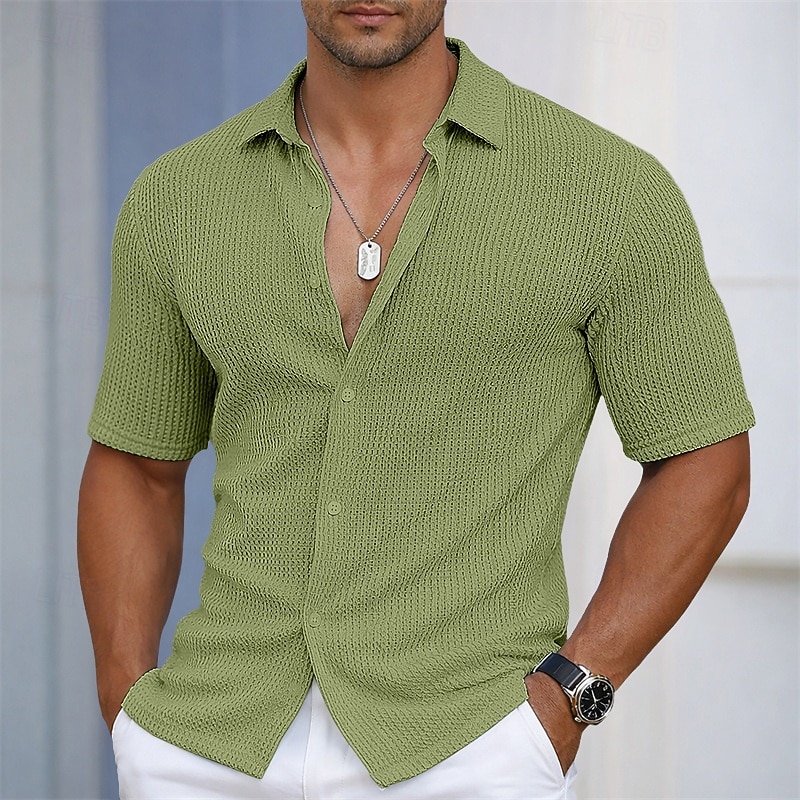 Men's Shirt Texture Casual Shirt Button Up Shirt Light Blue Short Sleeve Plain Shirt Collar Casual Daily Hollow Out Clothing Apparel Elegant Fashion Casual 2026 - $32.99 –P5