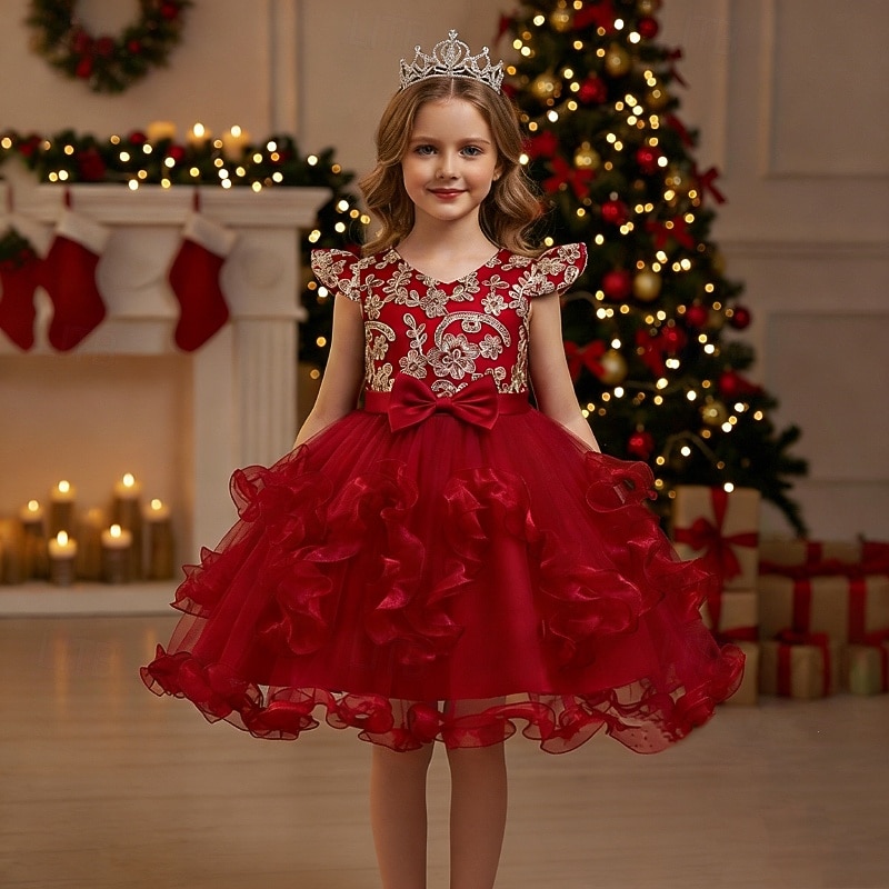 Robe de Demoiselle d'Honneur Fille Fille Robe de soirée Tenue de mariage Soirée Mariage Formel Mode Adorable Princesse Patchwork Broderie Fleuri Sans manches Col en V Bleu Champagne 4 ans et + de 2026 ? $42.99 –P1