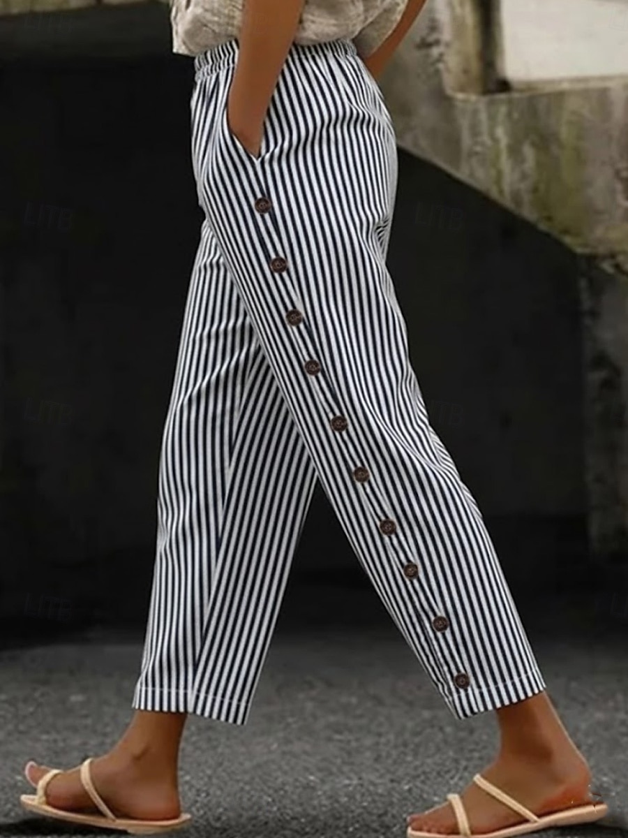 Women's Linen Pants Trousers Casual Pants Summer Pants Vacation Fashion Basic Full Length Mid Waist Plain Striped Side Pockets Comfort Inelastic Holiday Casual Daily Light Gray Brown And White Dark 2026 - $37.99 –P2
