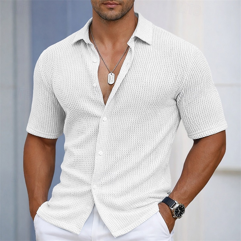 Men's Shirt Texture Casual Shirt Button Up Shirt Light Blue Short Sleeve Plain Shirt Collar Casual Daily Hollow Out Clothing Apparel Elegant Fashion Casual 2026 - $32.99 –P2