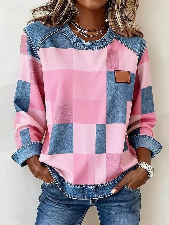 Dames Blouse Lapwerk Ruitjes Kleurenblok Elegant Vintage Stijlvol Lange mouw Strakke ronde hals Normale tops Dagelijks Feestdagen Uitgaan blauw Zwart Groen Rood / blauw Rose Roze Lente Herfst Winter 2026 - $43.99 –P5