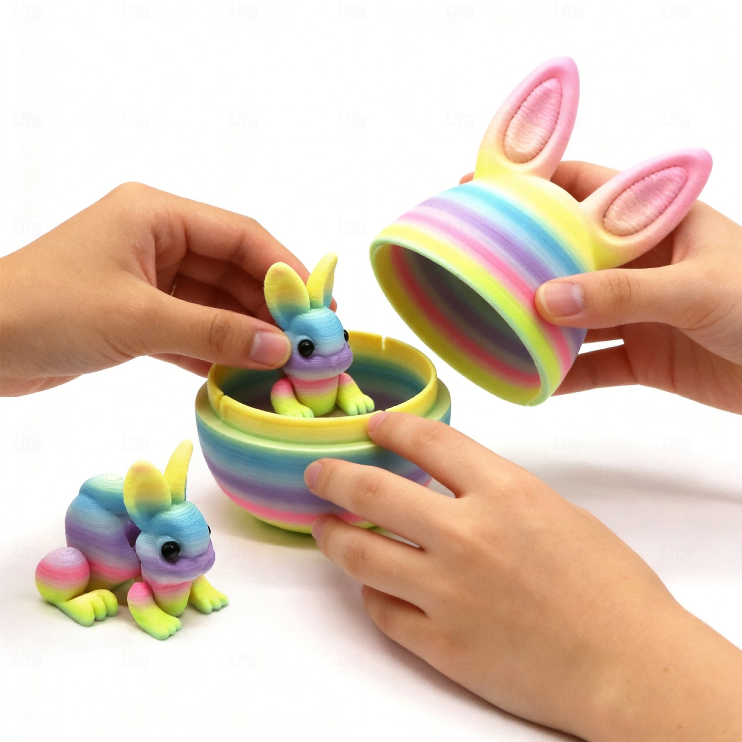 Paashaas 3D-geprint, beweegbaar konijnfiguurtje met verstelbare oren &Expressieve ogen, veelkleurige plastic paasmanddecoratie, geschikt als vulling voor paasmanden of als tafeldecoratie. &lente 2026 - $9.99 –P6