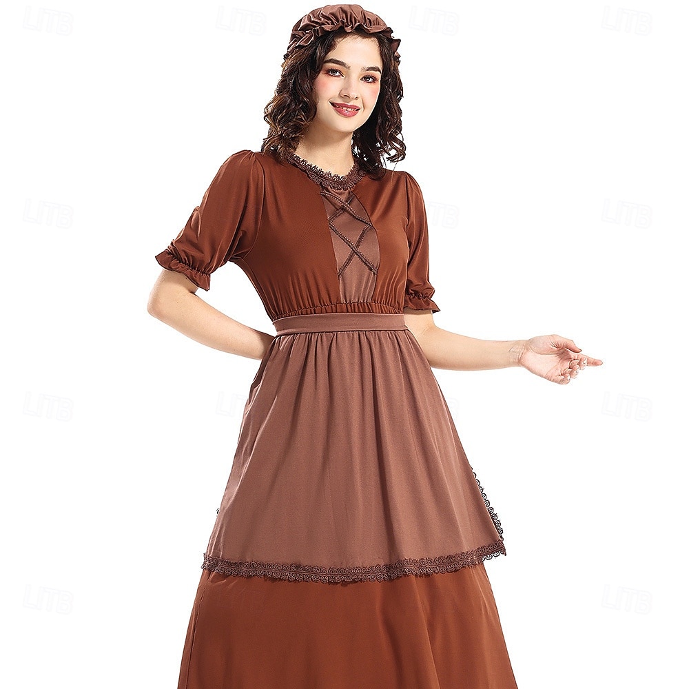 250º Aniversario de EE. UU. Siglo 19 década de 1800 Vestido de la pradera Conjunto de gorro y delantal Mangas cortas Chica pionera Colonial Pionero Guerra Revolucionaria Disfraz Mujer Víspera de 2026 - $40.99 –P6