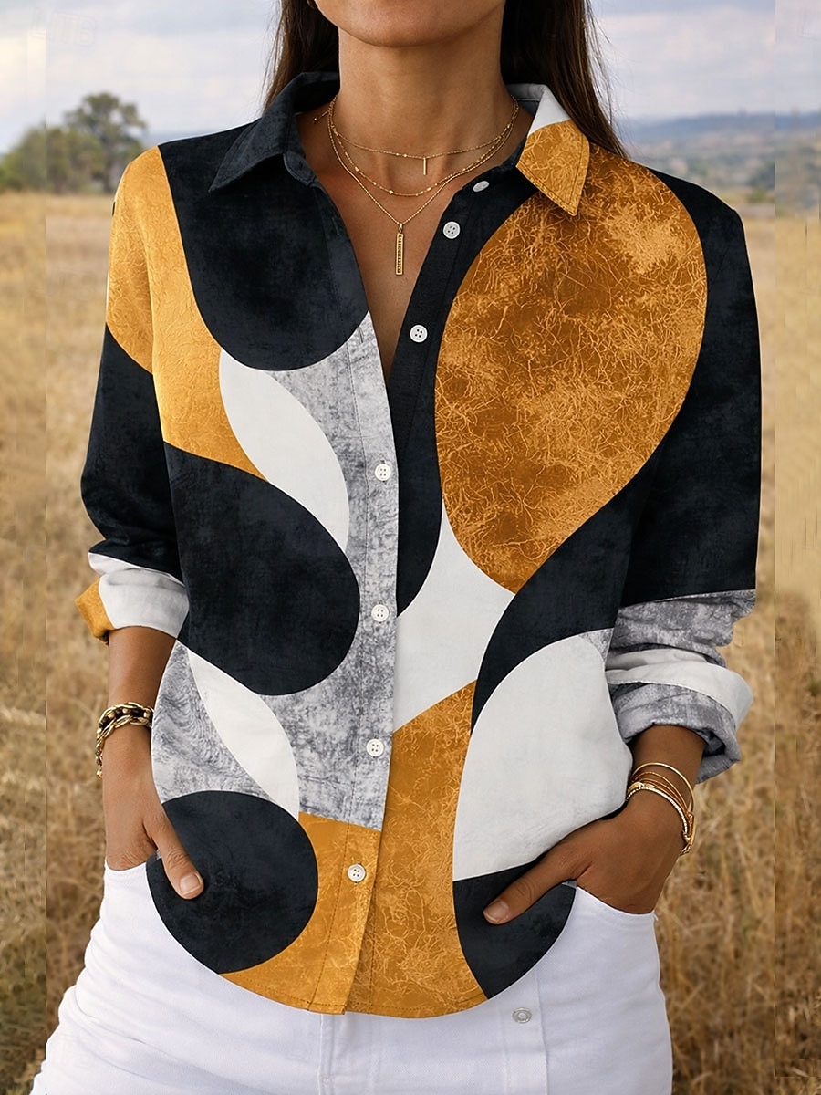 Camisa de Mujer Lino Similar Transpirable Ligera Gráfico Geométrico Elegante Vintage Tropical Manga Larga Cuello Tops Regulares Diaria Trabajo Botones Impresión Blanca Amarilla Naranja Marrón Verano 2026 - $37.99 –P4