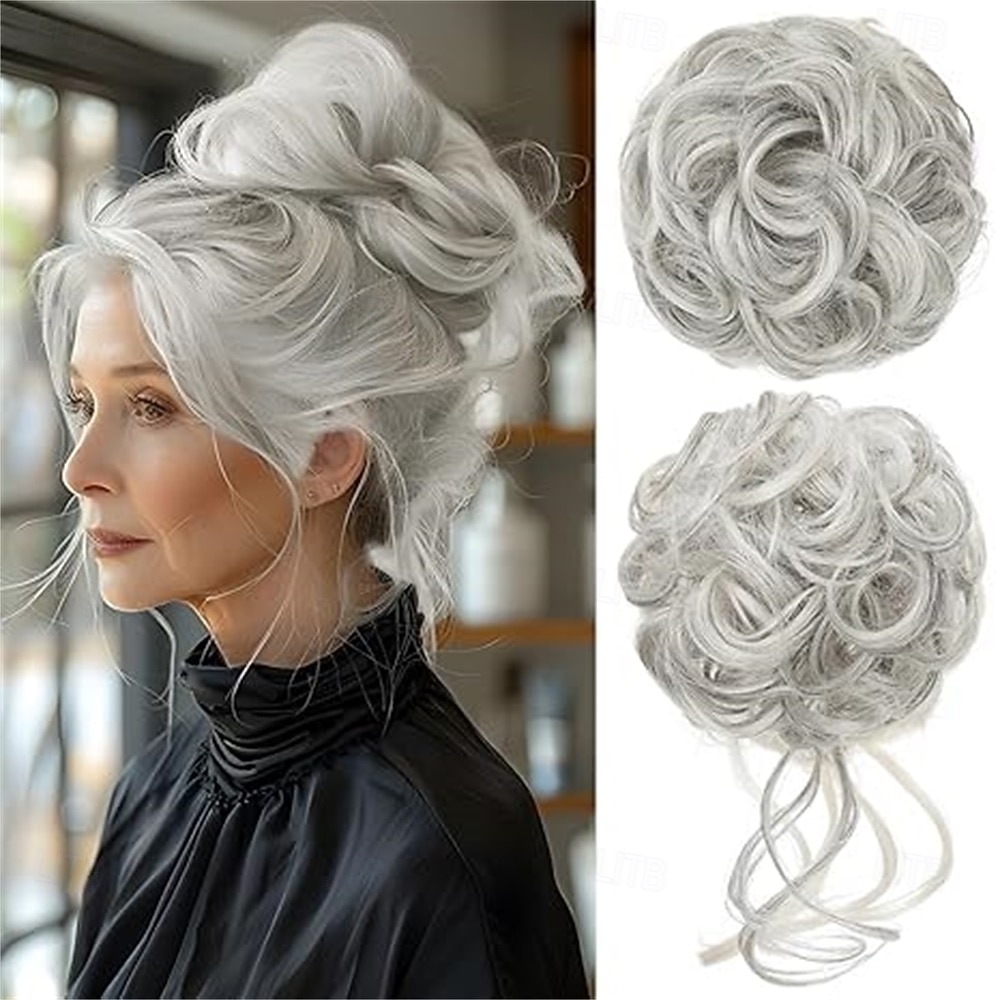 2 kpl sotkuisia nuttura-hiuslisäkkeitä, laineikkaita ja kiharia, tekonahkaisia nuttura-hiuslenkkejä, poninhäntäpidennys naisille, tuhkanharmaa 2026 - $15.99 –P3