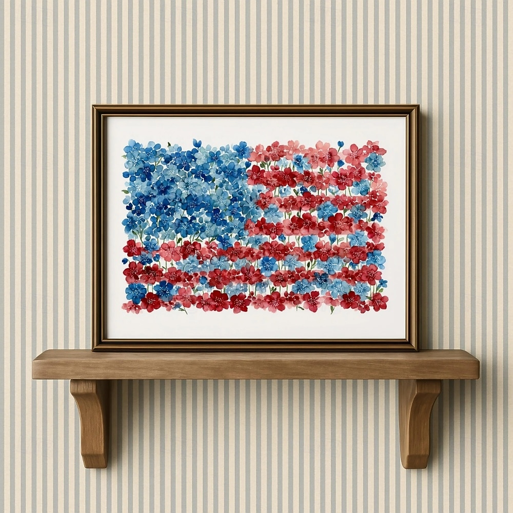 Impresión rústica floral de la bandera estadounidense - arte de pared patriótico en acuarela decoración de granja Cottagecore pintura botánica festiva 2026 - $12.99 –P6
