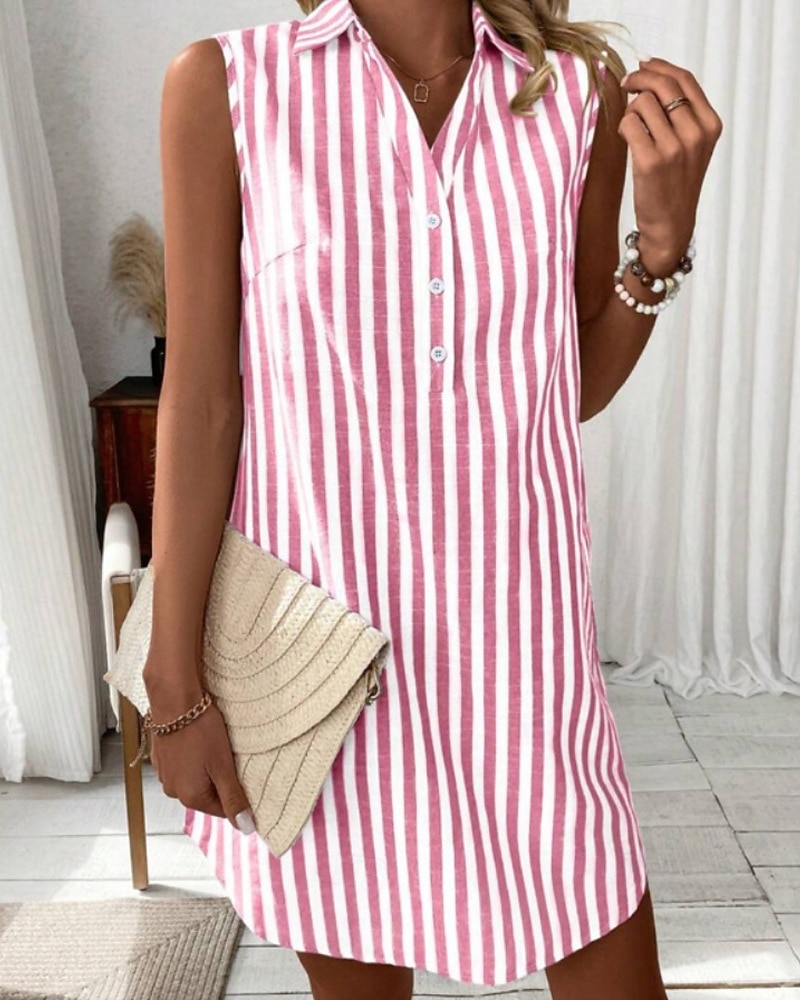 Per donna Mini Abito Abito Camicia Moda Moderno Vacanza Uscire Weekend Vestibilità comoda A righe Senza Maniche Colletto a Camicia Blu Nero Vino Verde Estate Primavera del 2026 a $21.99 –P9