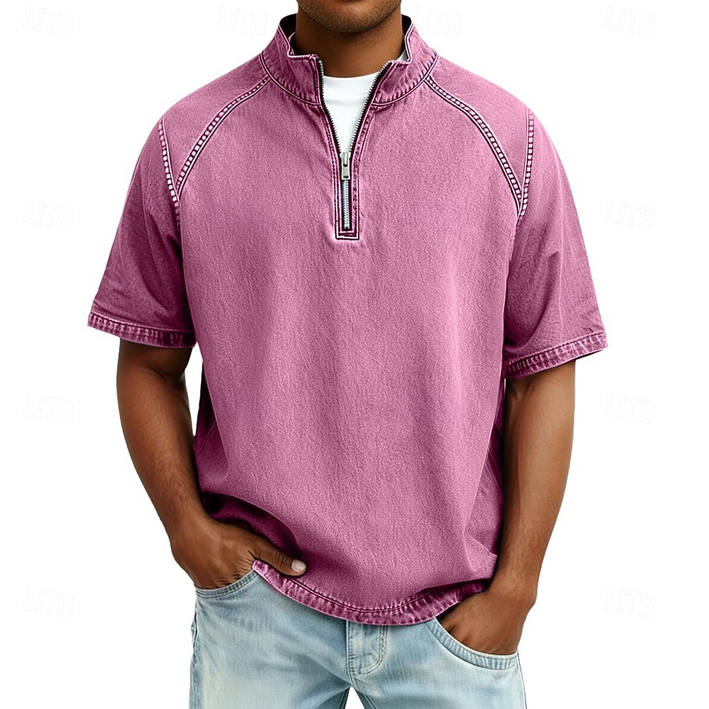 Heren Overhemd van 100% katoen met zure wassing T-shirt Korte mouw Opstaand Herfst winter Lente Herfst Effen Vintage Streetwear Casual Rits omhoog Kledingstuk geverfd Standaard Casual Huis Straat 2026 - $31.99 –P9
