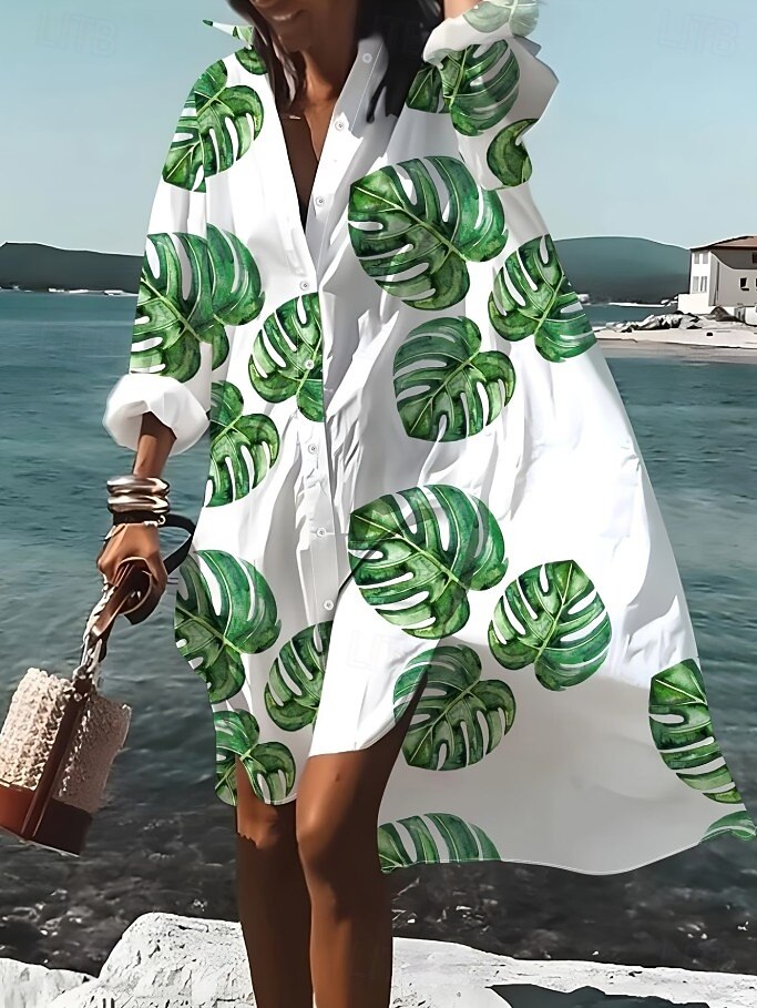 Femmes Robe Midi Robe Chemise Robe Décontractée Robe d'été Élégant Bohème Vacances Plage Coupe régulière Fleuri manche longue Col de chemise Bleu Noir Vert Été Printemps de 2026 ? CAD $70.07 –P3