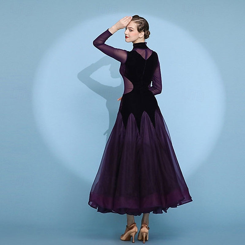 Damen-Ballsaalkleid, hochgeschlossen, langärmelig, mit Mesh-Einsätzen, Walzerkleid, Modern Standard, Wettkampf-Tanzbekleidung, lila 2026 - $150.99 –P3