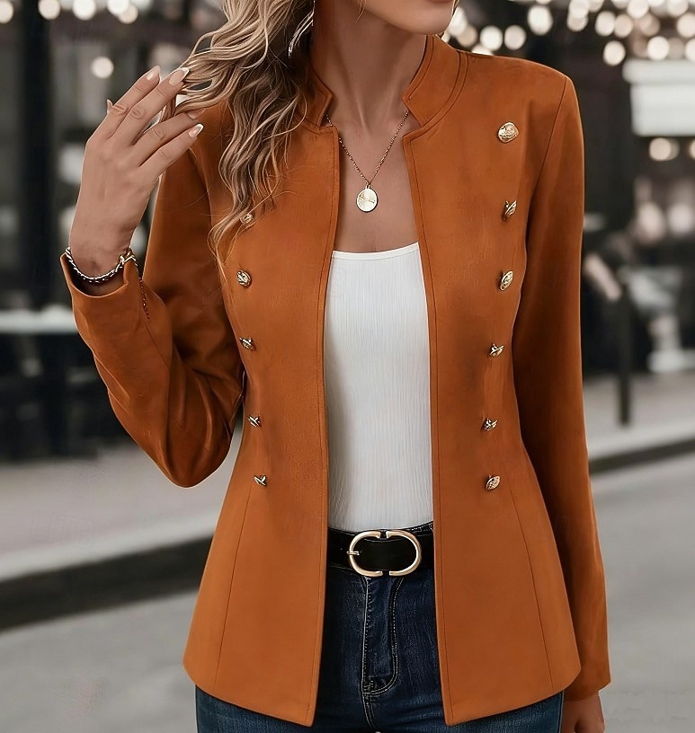 Damen Blazer Outdoor Stehkragen Knöpfe Einfarbig Atmungsaktiv Mode Normale Passform Oberbekleidung Langarm Herbst Schwarz S 2026 - $41.99 –P1