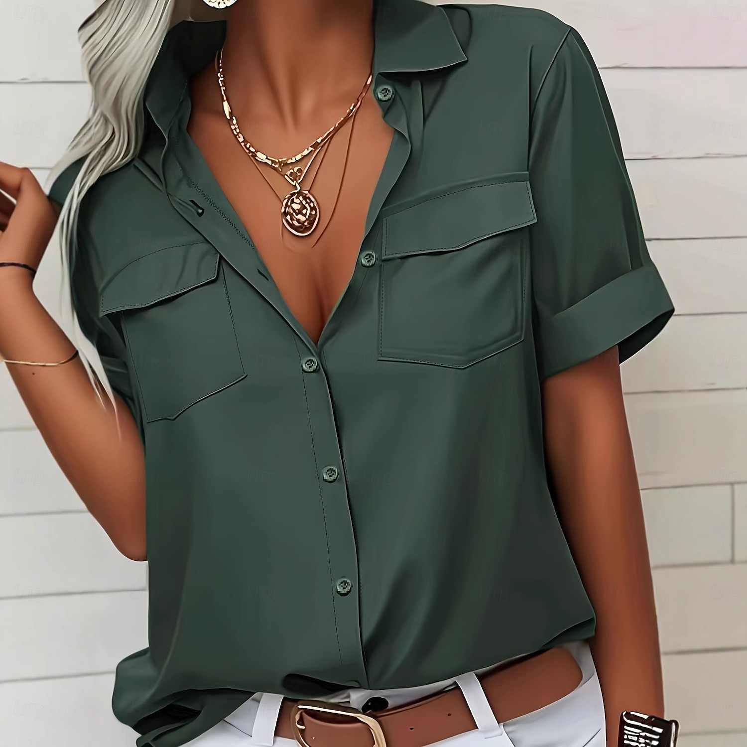 Damen Sommerhemd Kleidhemd Bluse Tasche Knöpfe Elegant Vintage Stilvoll Kurzarm Umlegekragen Normale Oberteile Täglich Arbeit Grün Sommer Frühling 2026 - $27.99 –P1