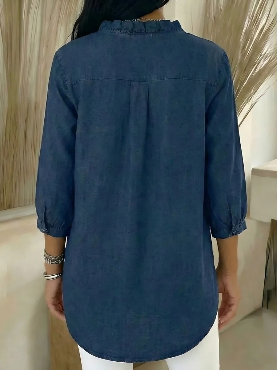 Per donna Camicia Estiva Camicia casual Blusa Volant Tinta unica Vacanza Vintage Elegante Manica 3/4 Scollo a V Top Regolari Quotidiano All'aperto Ferie Blu Nero Blu marino Albicocca Grigio Primavera del 2026 a $29.99 –P5