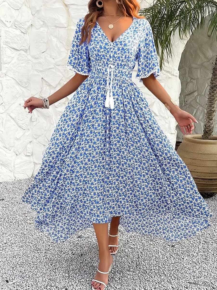 Women's Long Dress Maxi Dress A Line Dress Floral Dress Elegant Fashion Modern Daily Outdoor Vacation Regular Fit Floral Short Sleeve V Neck Blue Black Brown Summer Spring 2026 - $34.99 –P4