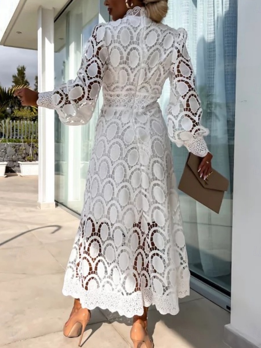 Damen Midikleid Maxikleid Spitzenkleid Weißes Kleid Freizeitkleid Elegant Mode Modern Outdoor Urlaub Ausgehen Normale Passform Schlank Geometrisch Langarm Hoher Ausschnitt Stehkragen Schwarz Wei 2026 - $41.99 –P2