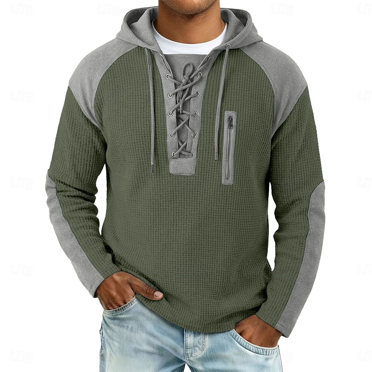 Per uomo Maglietta Waffle Maglietta Maglia Henley a nido d'ape Manica Lunga Con Cappuccio Collo con lacci Autunno Autunno & Inverno Tinta unica Testurizzato Tradizionale / Vintage Casual Coulisse del 2026 a $26.99 –P7