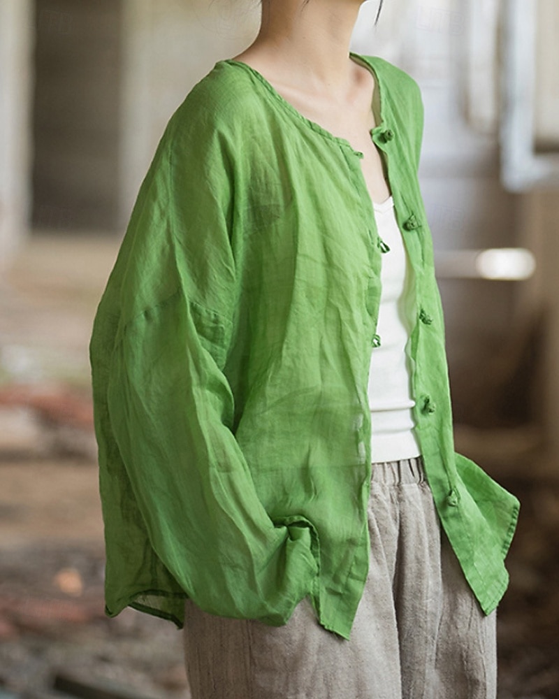 Camisa feminina 100% linho, blusa com botões, lisa, estilo vintage, manga longa, gola redonda, tops regulares para uso diário, férias, sair, nas cores preto, rosa, vermelho e verde, para verão e primavera. de 2026 por $45.99 –P17