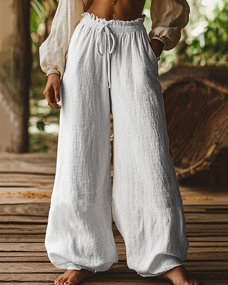 Mujer Pantalones de lino y algodón Perneras anchas Pantalones Pantalones anchos Vacaciones Moda Básico Longitud total Cintura Media Plano Bolsillo Cintura elástica Comodidad Secado rápido Suave Rígido 2026 - ₪77 –P5