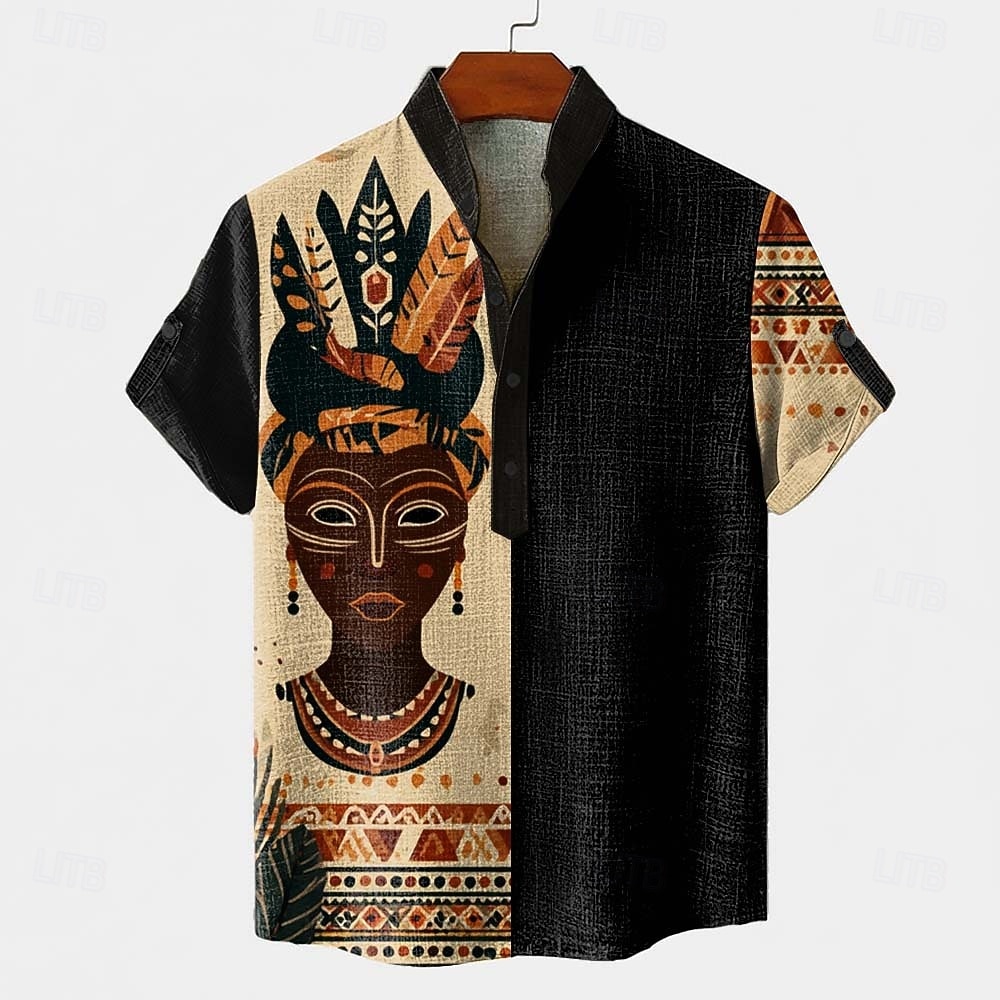 Herr Etik / afrikansk Urfolk Skjorta Button Down skjorta Kortärmad Vintage retro Helgdag Ledigt / vardag Sommar Vår Kinakrage Henley krage 3D-utskrift Linne som skjorta 다크 카키 Svart Grön Kaki 2026 - $25.99 –P1