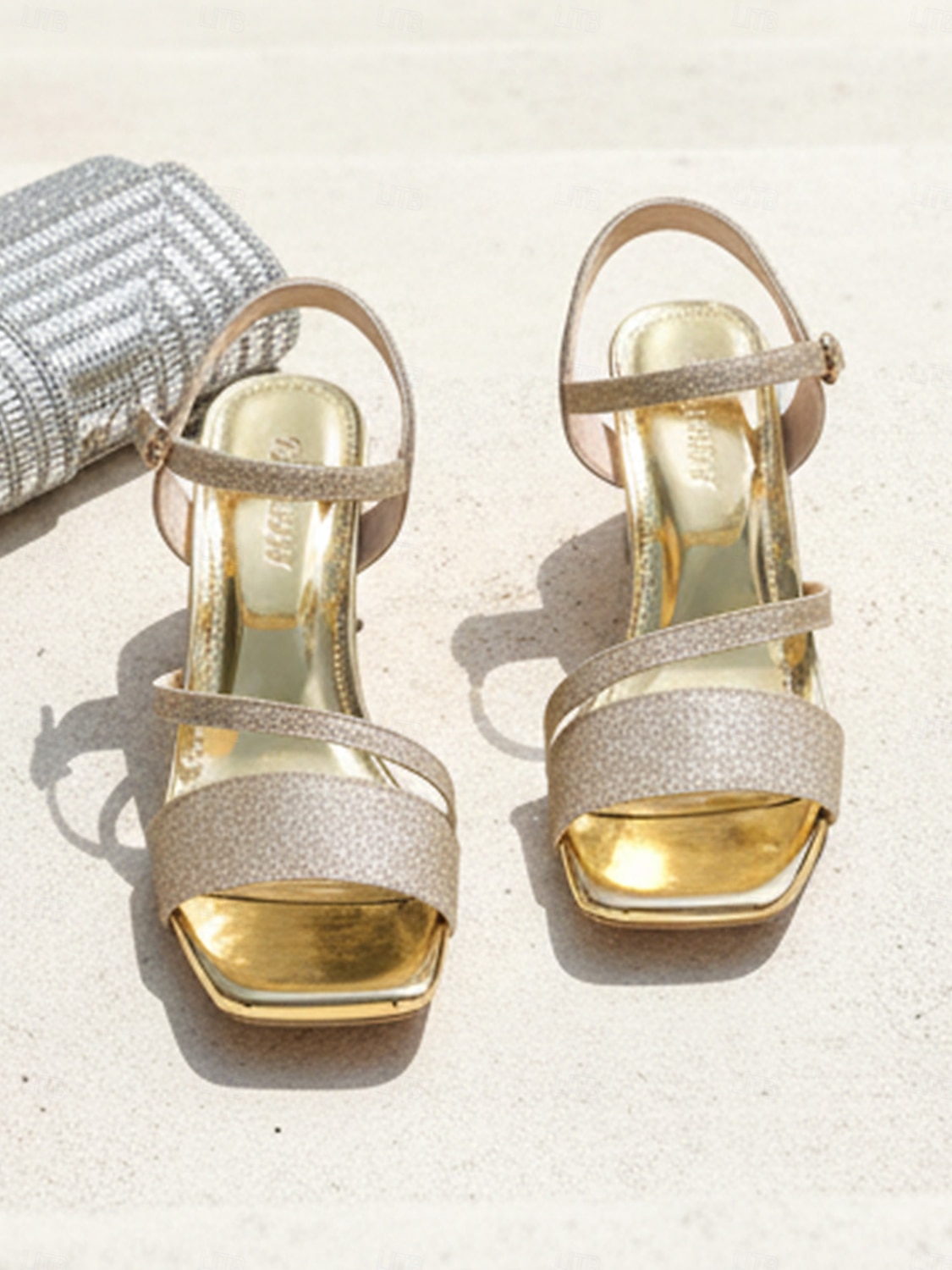 Sandalias de tacón cuadrado con tiras y purpurina plateada para mujer, con correa en el tobillo: zapatos brillantes de punta cuadrada y tacón medio para bodas de verano y resorts tropicales. 2026 - $32.99 –P3
