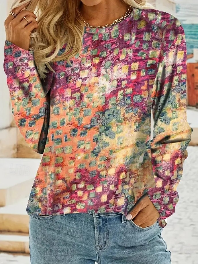 Mulheres Camiseta Imprimir Gráfico Geométrica Abstrato Vintage Moda à moda Manga Longa Gola Redonda Tops regulares Diário Azul Vermelho Roxo Fúcsia Marron Verão Primavera de 2026 por $24.99 –P1