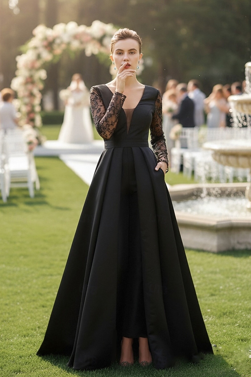 Jumpsuits Floor Length Mother of the Bride Dress Long Sleeve Plunging Neck Elegant Formal Wedding Guest Satin with Lace 2026 - $172.99 –P1